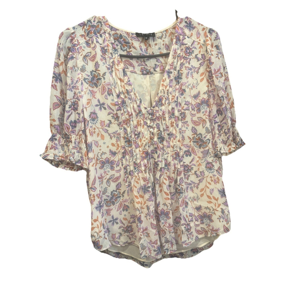 1. State Tops - 1.State Light Peachy/Blue/Purple Flutter Sleeve Lined VNeck Flowy Blouse, Size M